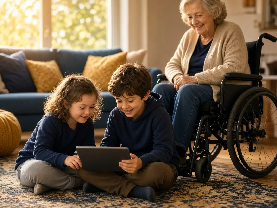 Two children learning letters on a tablet while their grandmother smiles from her wheelchair