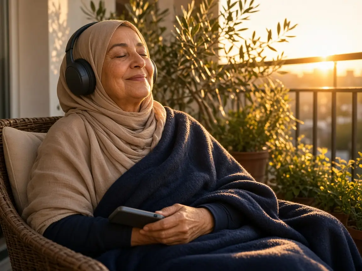 A woman relaxing with headphones on her balcony at sunset