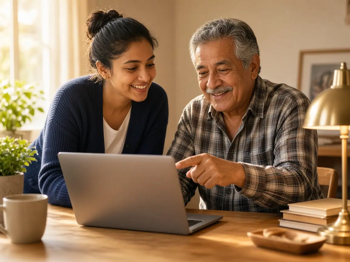 A young woman patiently helping an older man use his laptop at a sunny desk