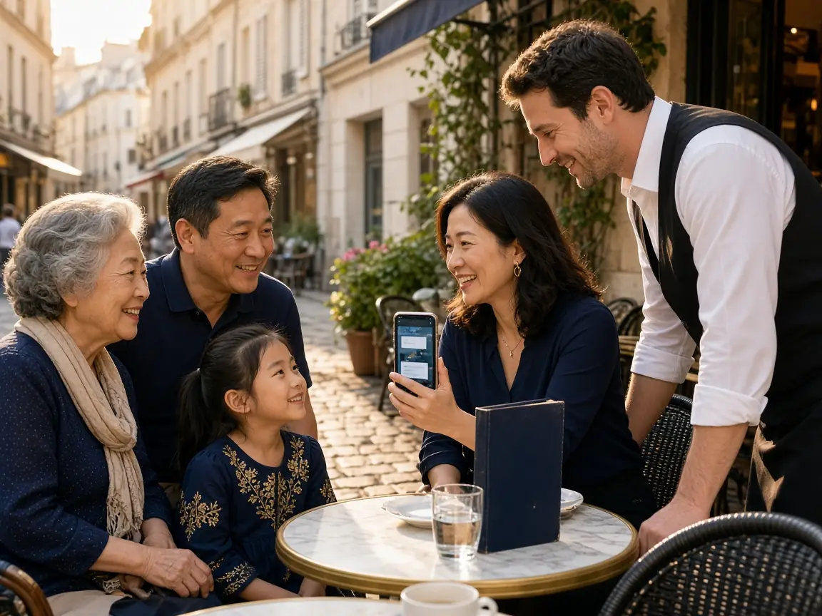A family at a cafe abroad using a phone translator to chat with a friendly waiter