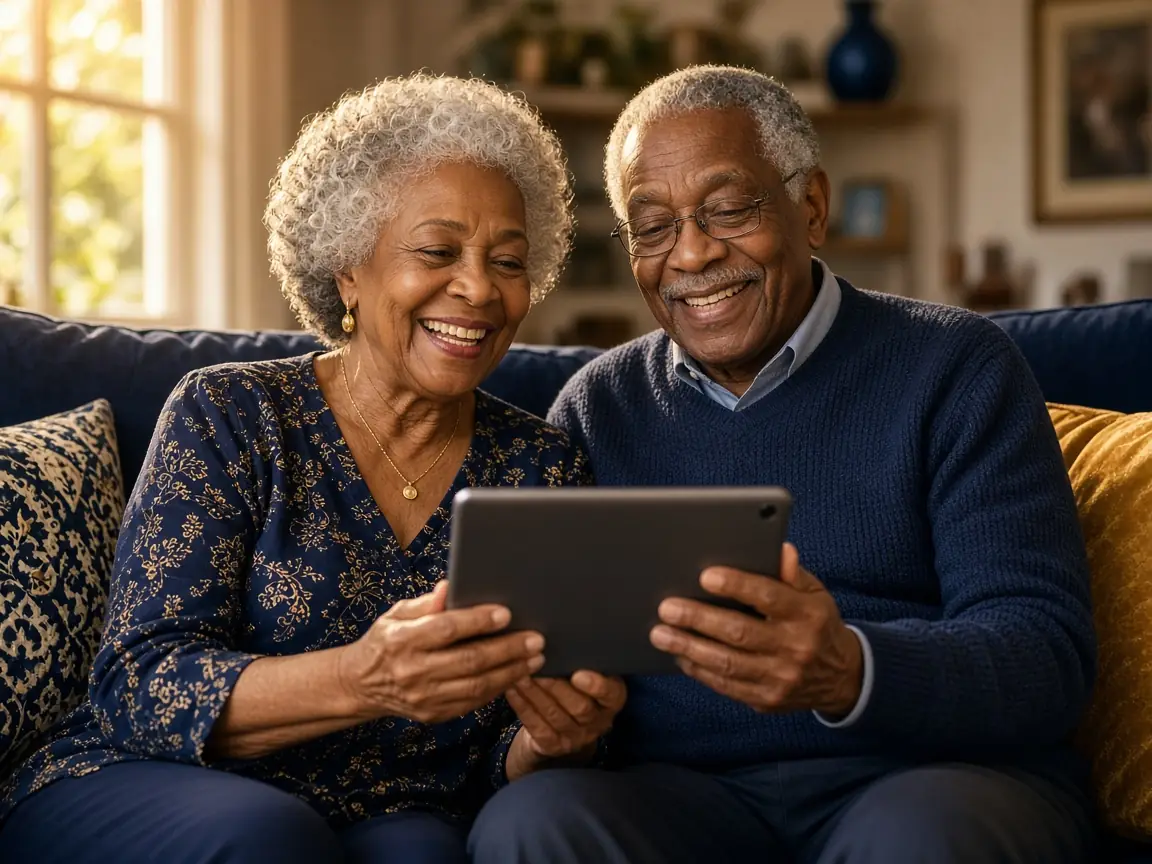 Grandparents laughing on the sofa during a video call on their tablet
